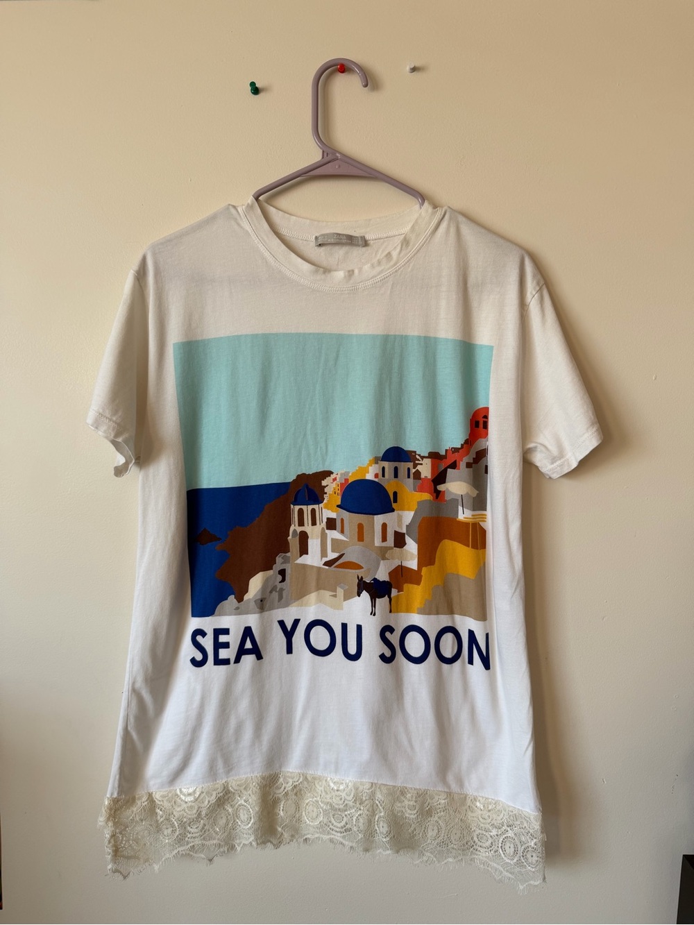 Zara White Oversized Graphic Tee with Blue & Multicolor Seaside Print